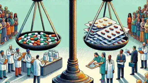 "Imagen que ilustra el análisis del acceso equitativo a medicamentos, mostrando gráficos sobre su impacto en los sistemas de salud, destacando la importancia de la distribución justa de tratamientos médicos en comunidades vulnerables."
