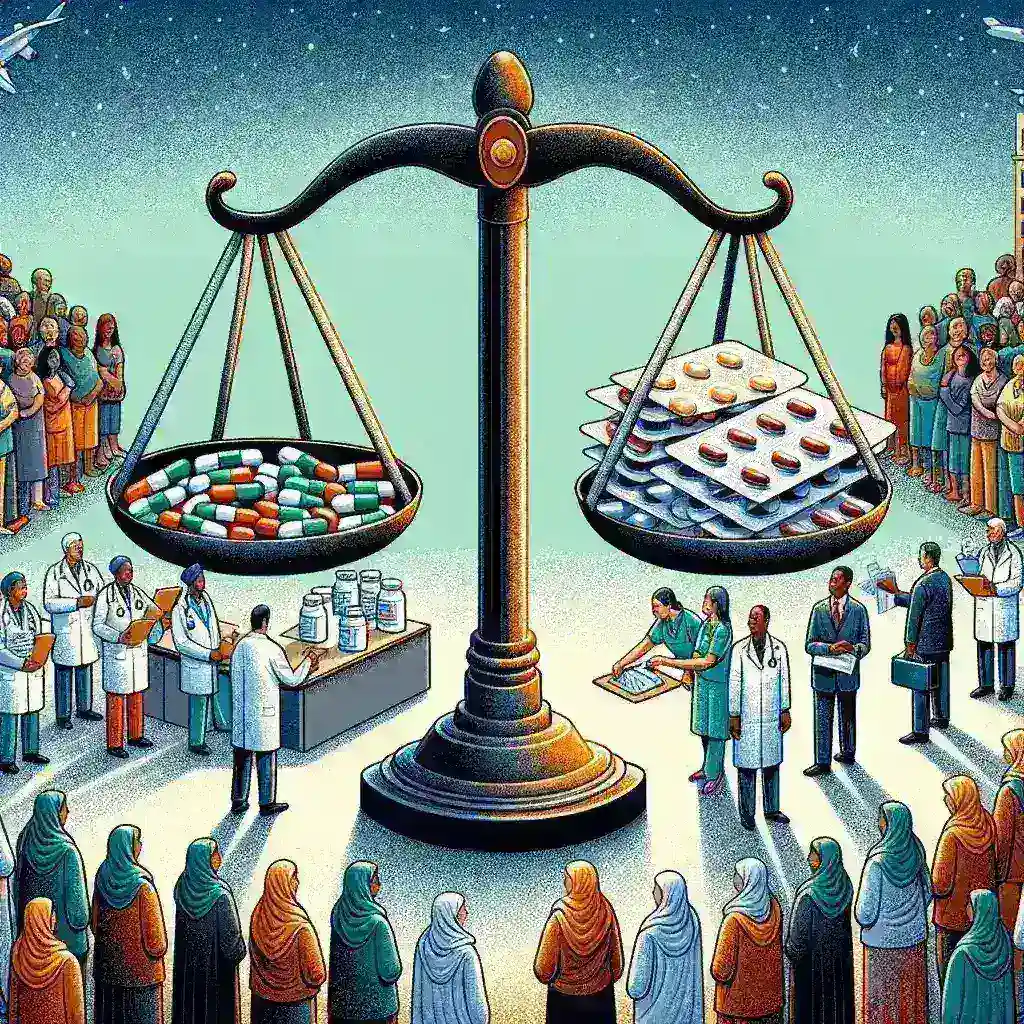 "Imagen que ilustra el análisis del acceso equitativo a medicamentos, mostrando gráficos sobre su impacto en los sistemas de salud, destacando la importancia de la distribución justa de tratamientos médicos en comunidades vulnerables."